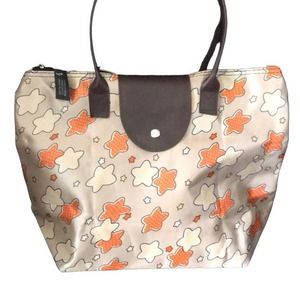 CREAM & ORANGE STAR ALL OVER PRINT FOLDING HANDBAG / TOTE BAG 11X15X5